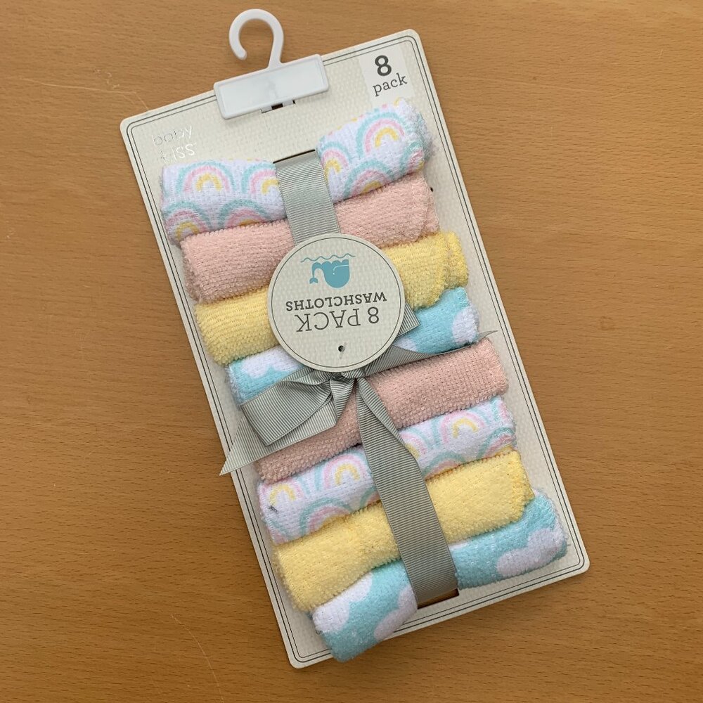 Baby Kiss 8-Pack Baby Washcloths | Pastel Rainbow & Cloud Set | Soft & Giftable